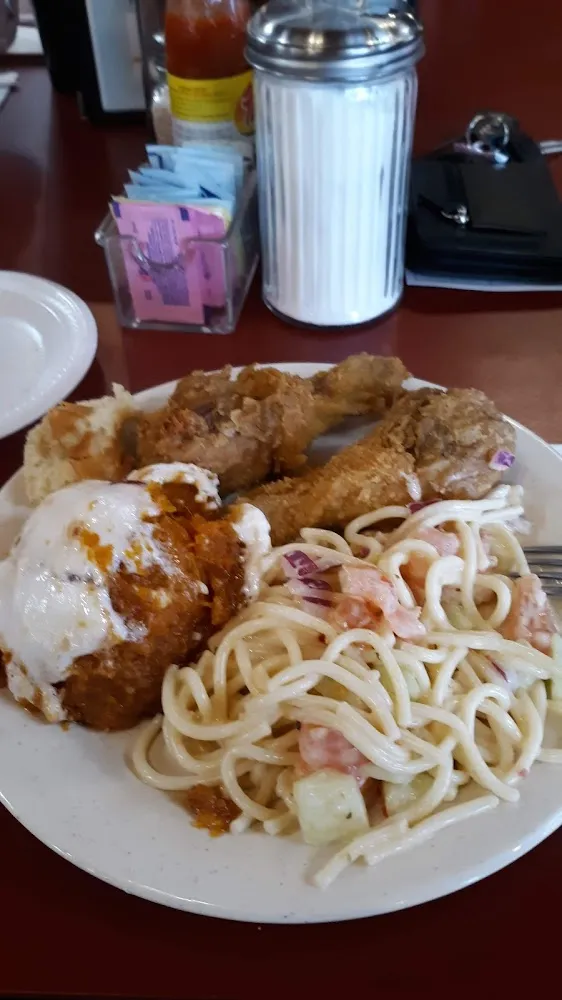 Fried Chicken Sweet Potato Casserole and Pasta Salad from the Buffet